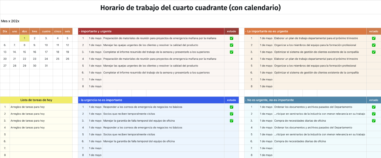 Horario de trabajo del cuarto cuadrante (con calendario)